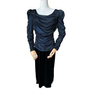 American Vintage Samir 70’s blue metallic Lurex & black velvet dress size medium